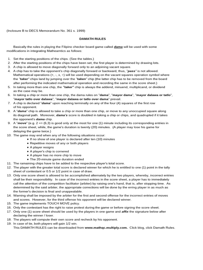 DAMATH Game Rules and Scoring Guide | PDF | Arithmetic | Mathematics