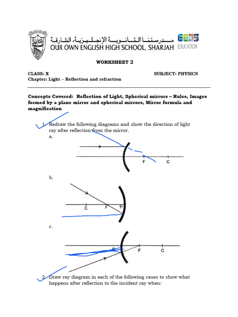Physics Worksheet: Light Reflection & Refraction | PDF | Mirror ...