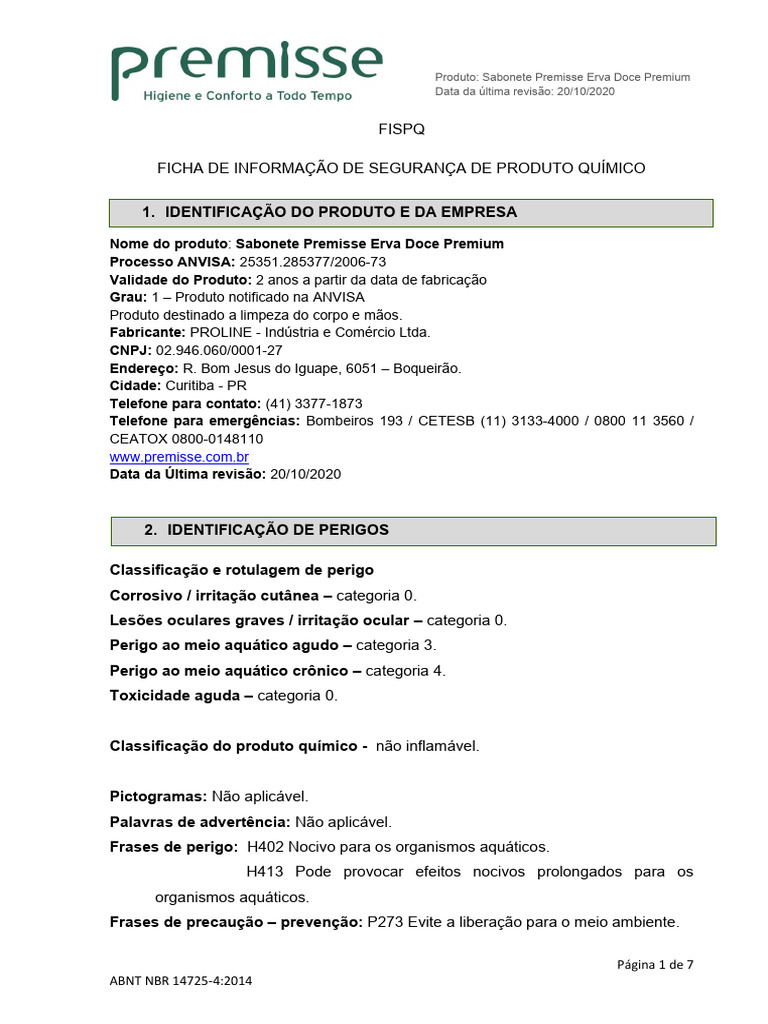 Ficha de Segurança Sabonete Premisse Erva Doce | PDF