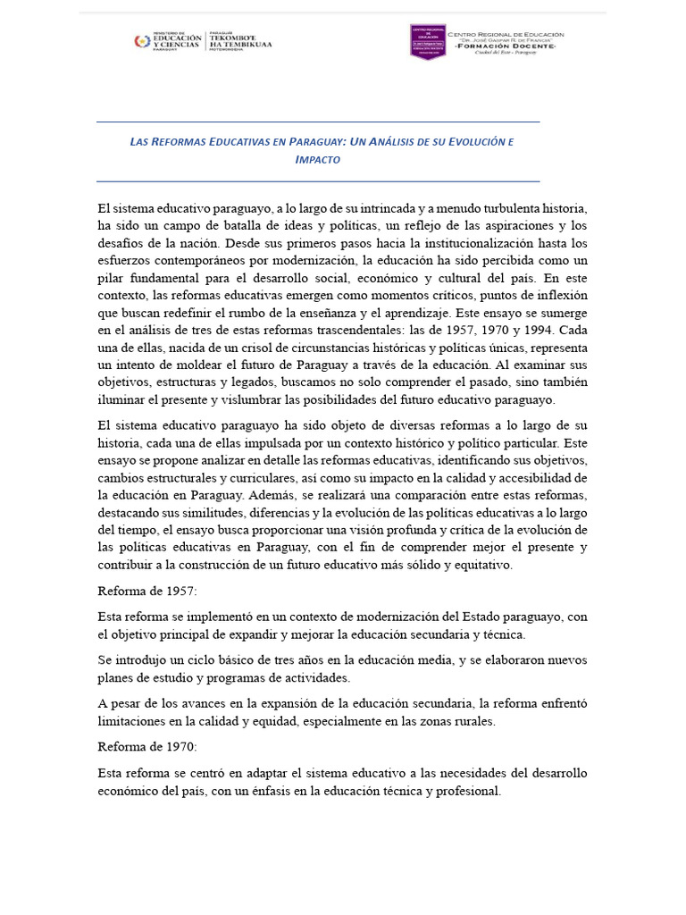Evolución de las Reformas Educativas en Paraguay | PDF | Plan de ...