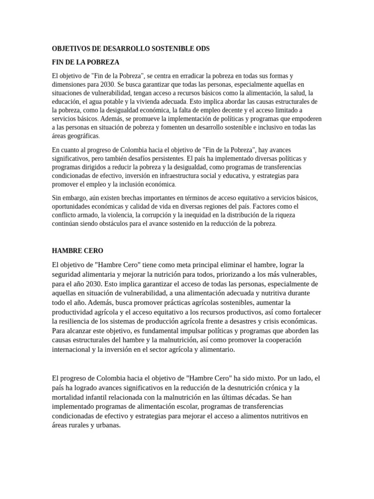 ODS: Fin de la Pobreza y Hambre Cero en Colombia | PDF | Desnutrición ...