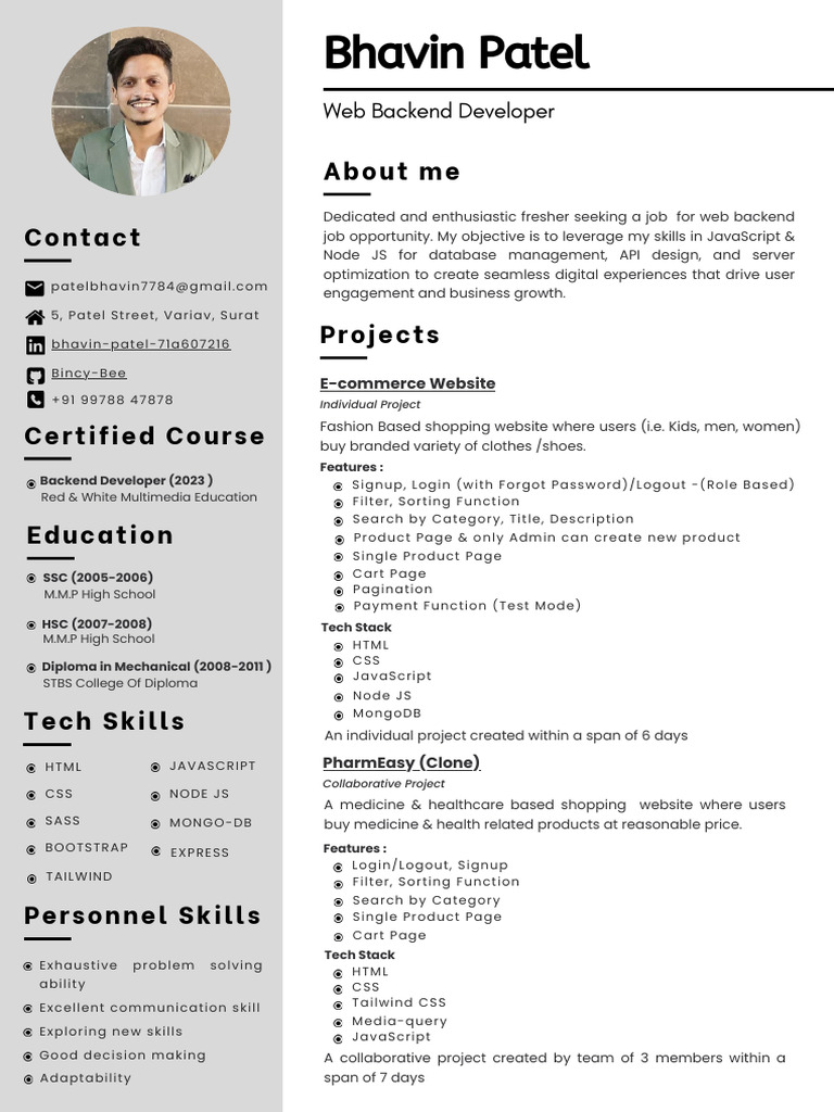 Bhavin Patel: About Me Contact | PDF | Java Script | Web Development