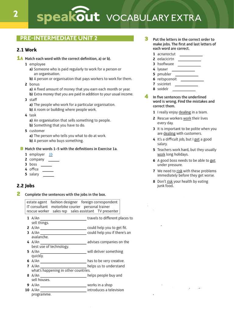 Speakout Pre-Intermediate Unit 2 Vocabulary | PDF | Employment | Salary