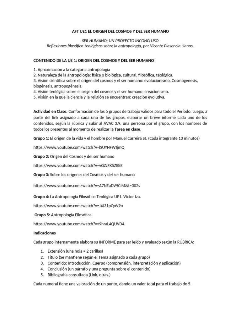 Aft Ue1 El Origen Del Cosmos y Del Ser Humano | PDF