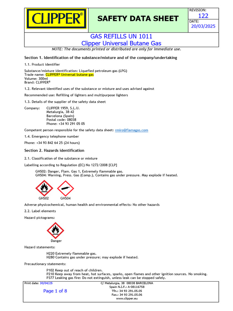 Clipper Butane Gas Safety Data Sheet | PDF | Dangerous Goods | Toxicity