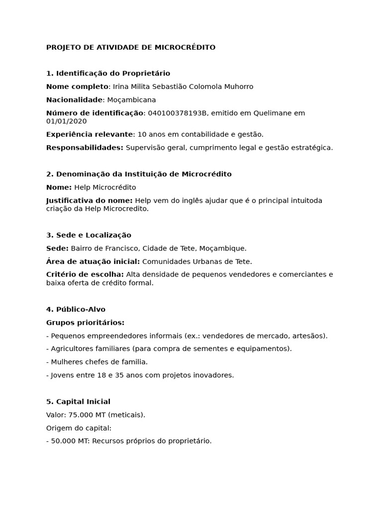 Projeto de Microcrédito Help | PDF