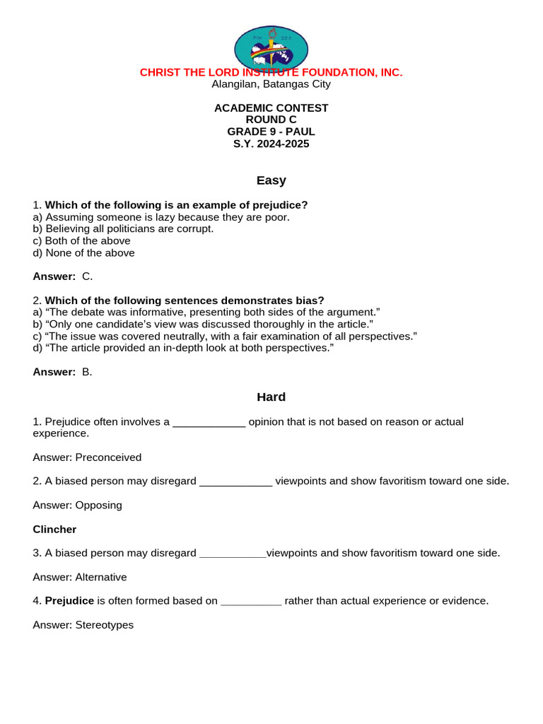 Grade 9 Academic Contest on Bias | PDF | Bias | Prejudices
