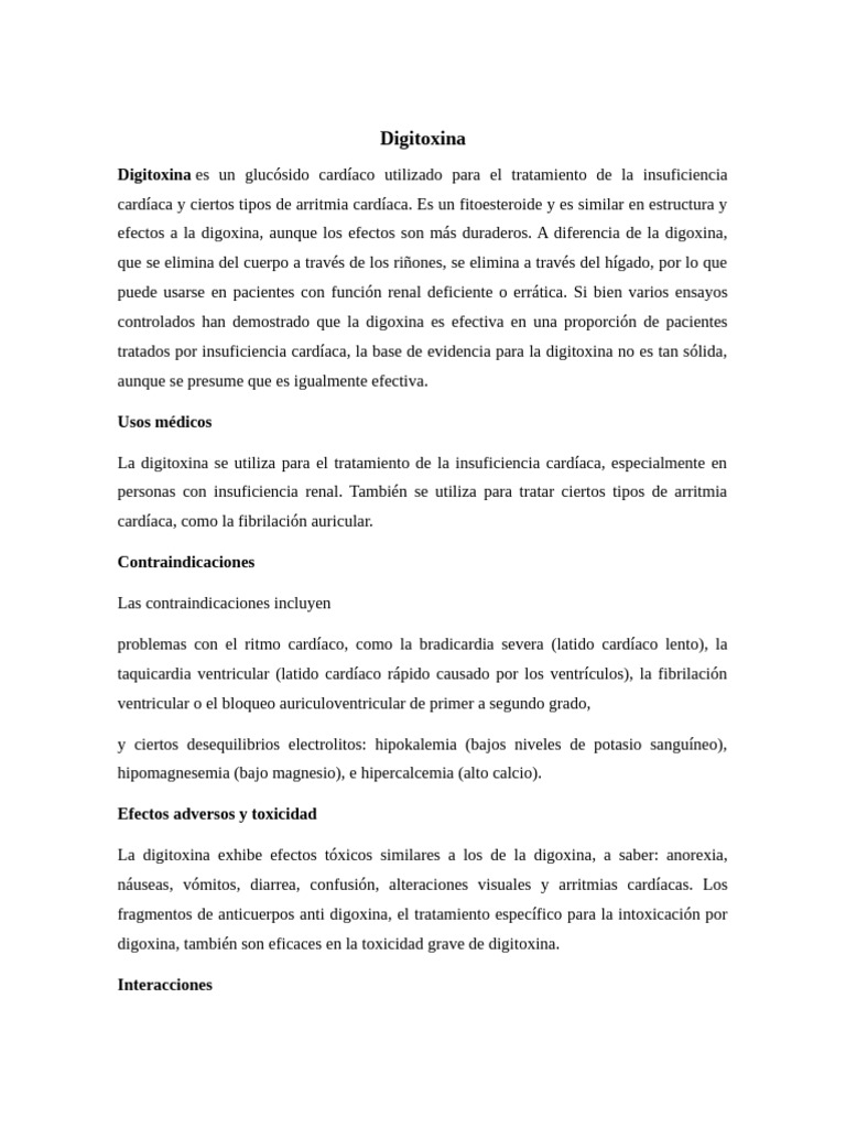 Digitoxina: Usos y Efectos Cardíacos | PDF | Drogas
