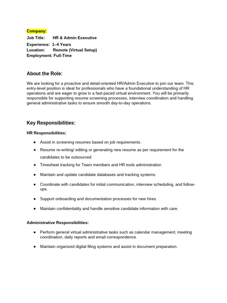 HR & Admin Executive Job Overview | PDF