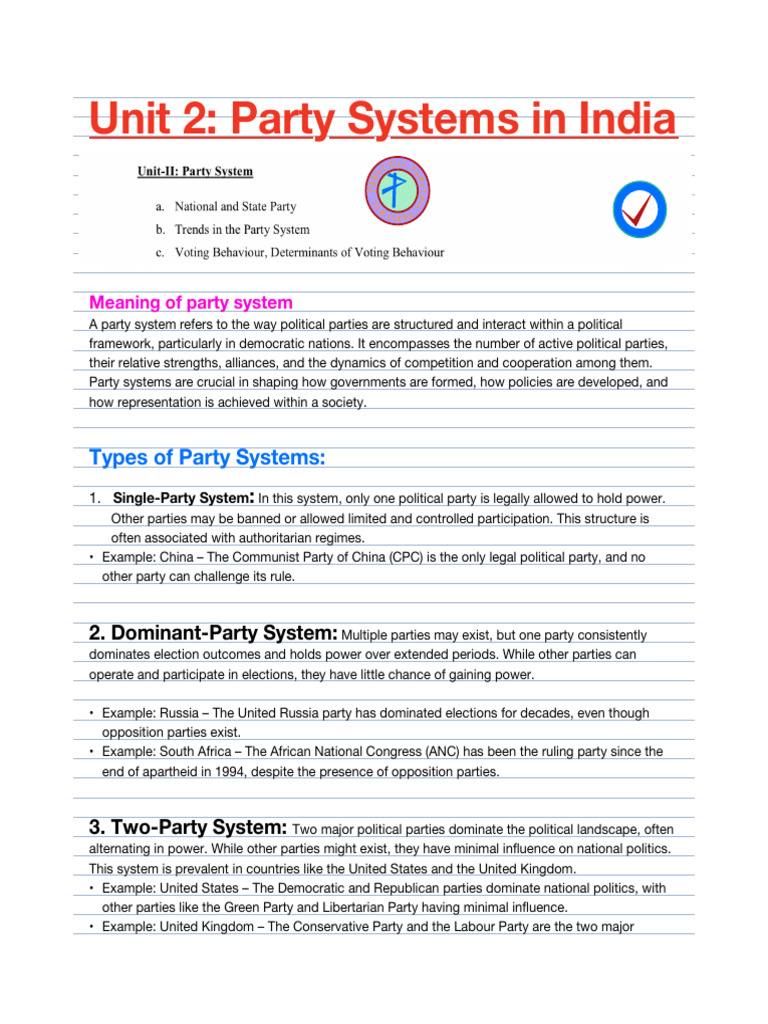 Unit 2 - Party System in India | PDF | Political Parties | Governance