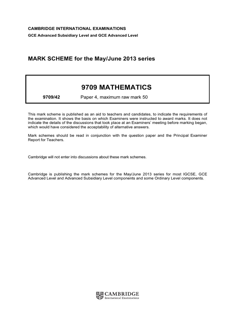GCE A Level Math Mark Scheme 9709/42 | PDF | Mathematics