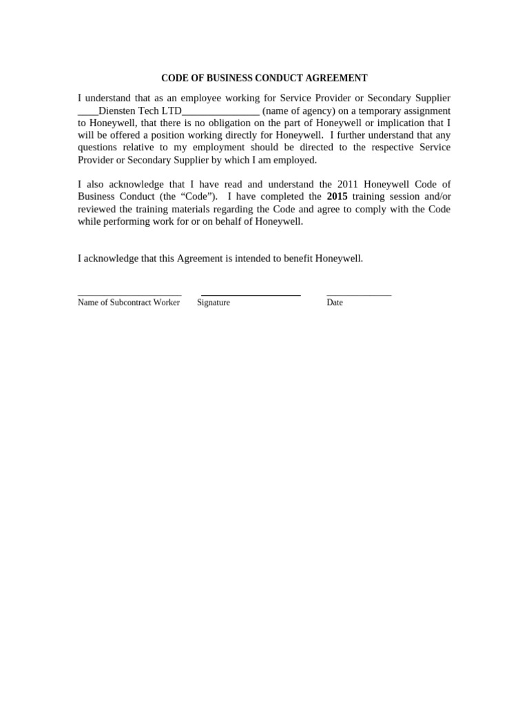 Code of Conduct Training Certification For Contingent Workers | PDF