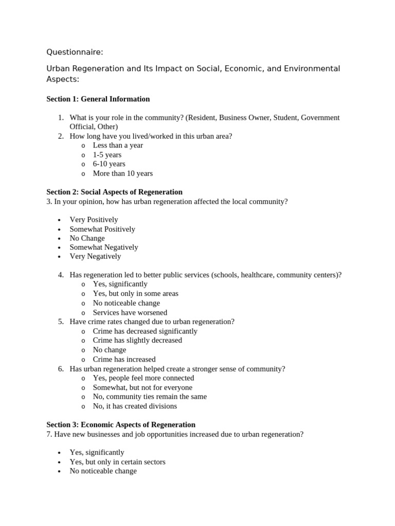 Urban Regeneration Impact Survey Questionnaire | PDF | Sustainability ...