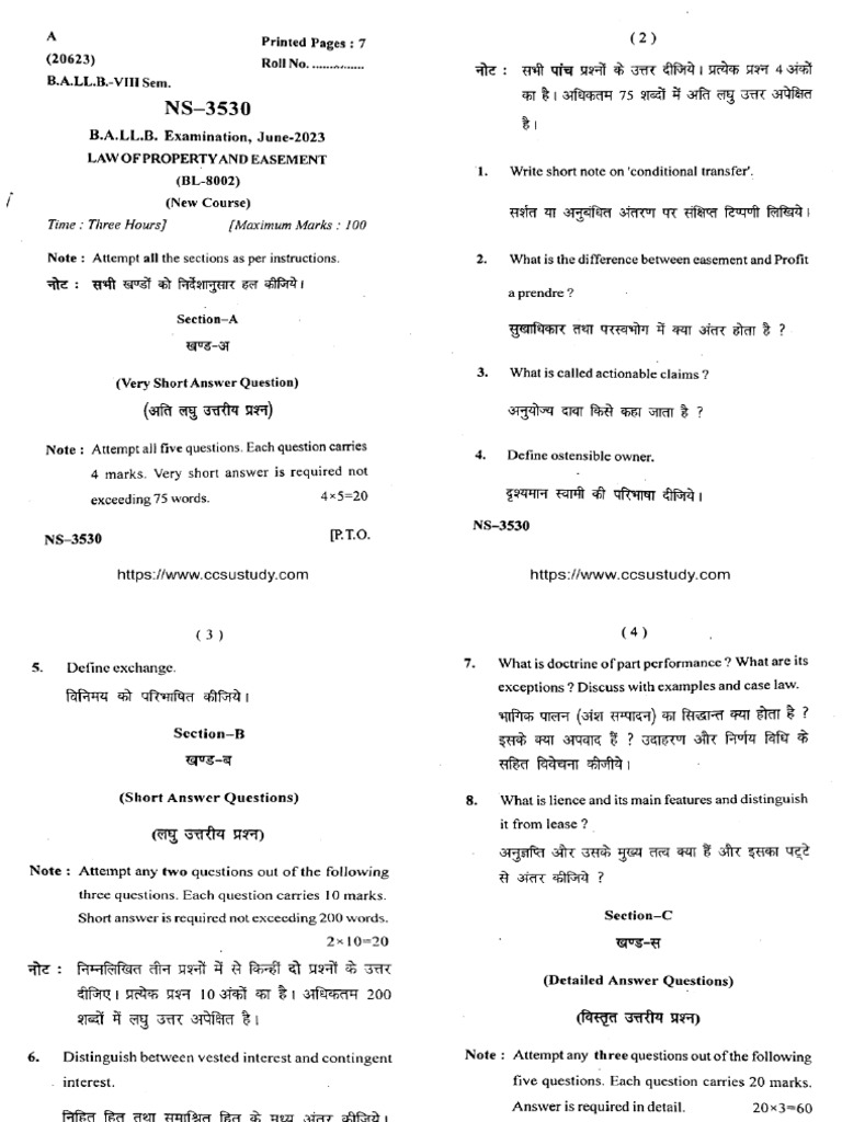 Ballb 8 Sem Law of Property and Easement Ns 3530 Jun 2023 | PDF