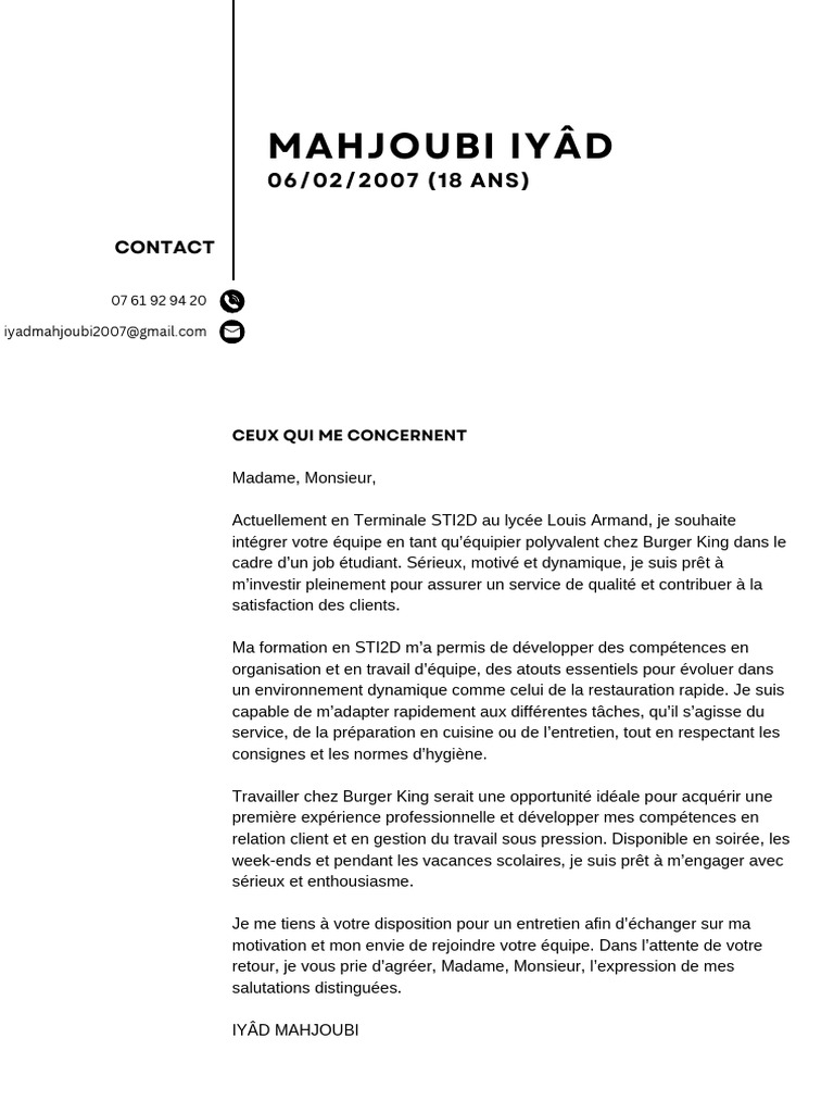 Lettre de motivation pour Burger King PDF — free download