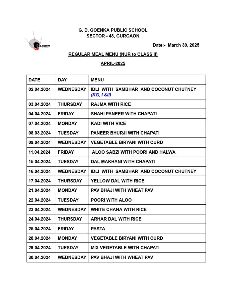 Regular Meal Menu (APRIL-2025) | PDF