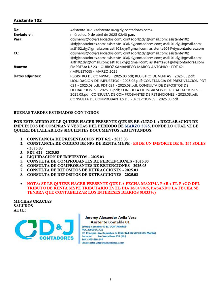 Constancia de Envio de Correo PDT 621 - 2025.03 | PDF