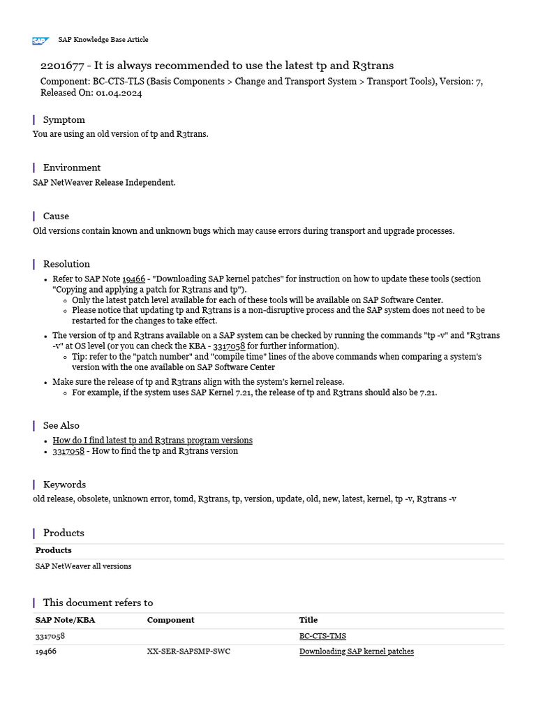 Note 2201677 - It Is Always Recommended To Use The Latest TP and ...