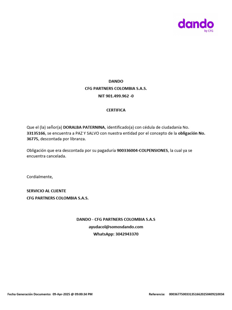 Certificación de Paz y Salvo CFG Partners | PDF