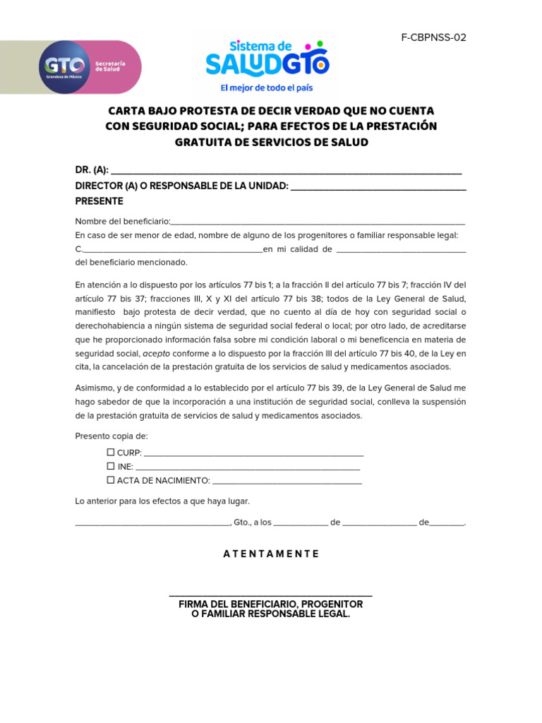 Carta Bajo Protesta No Derechohabiencia | PDF