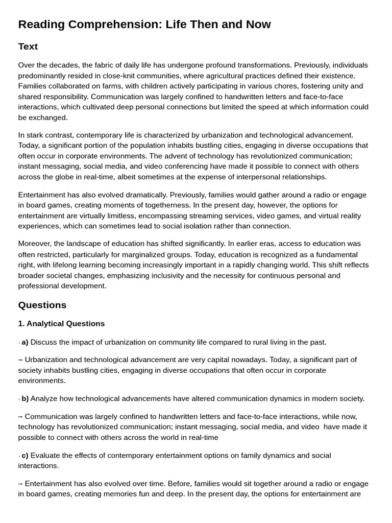 Reading Comprehension Life Then and Now | PDF | Communication | Human ...