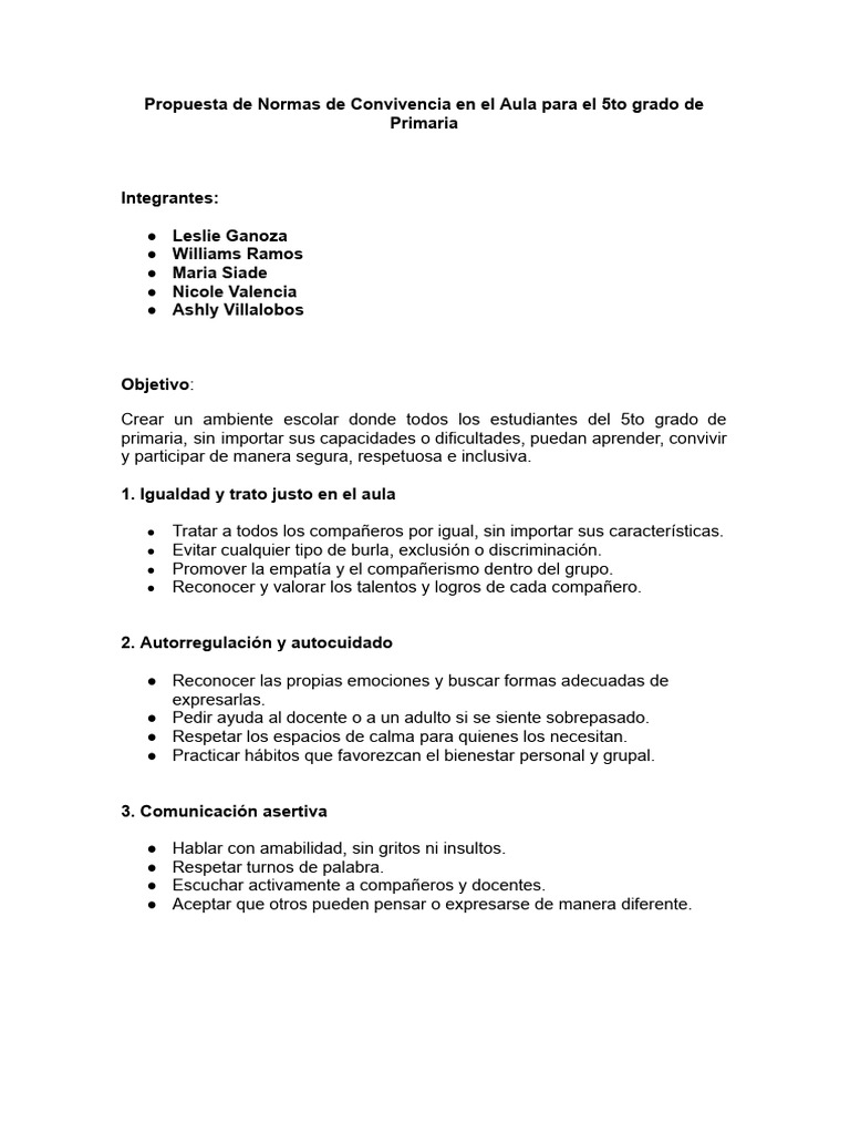 Normas de Convivencia para 5to Grado | PDF | Salón de clases