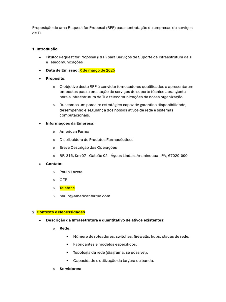 RFP para Serviços de TI da American Farma | PDF | Gerenciamento de ...