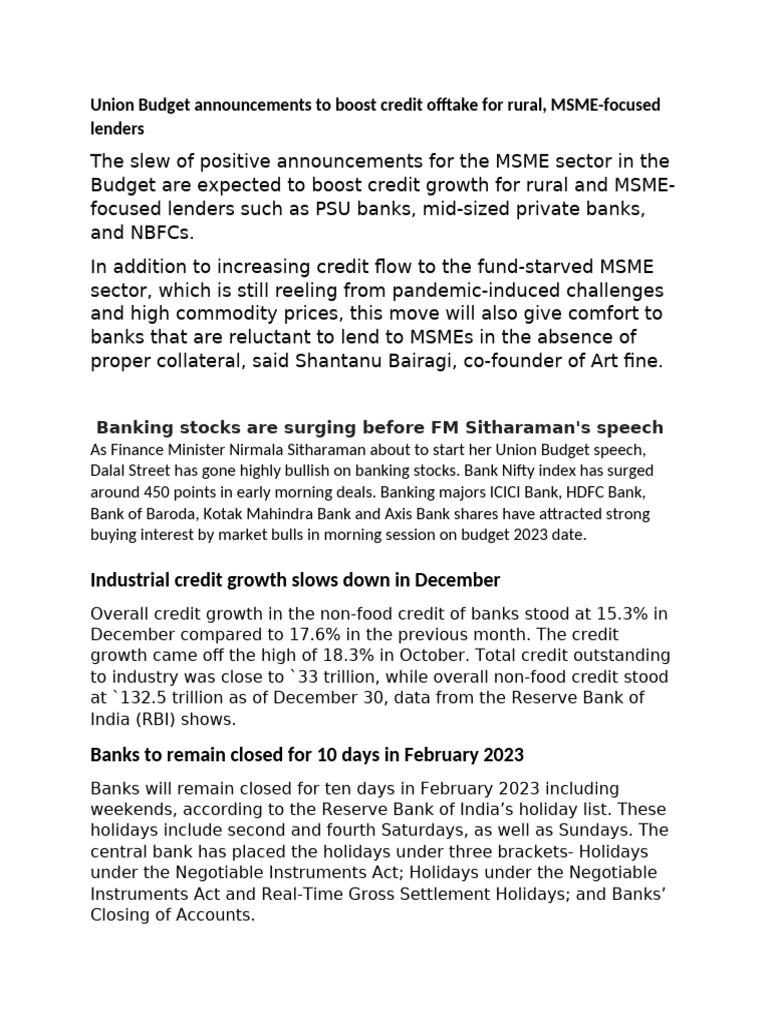 Union Budget Boosts MSME Lending Growth | PDF | Banks | Reserve Bank Of ...
