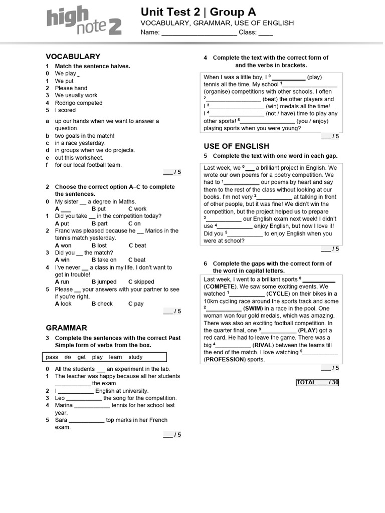 HighNote2 Unit Language Test Unit02 GroupA | PDF | English Language ...