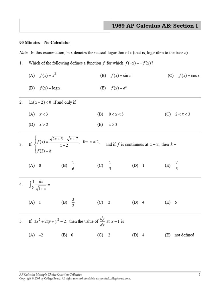 1969 AP Calculus AB Exam Questions | PDF | Tangent | Trigonometric ...