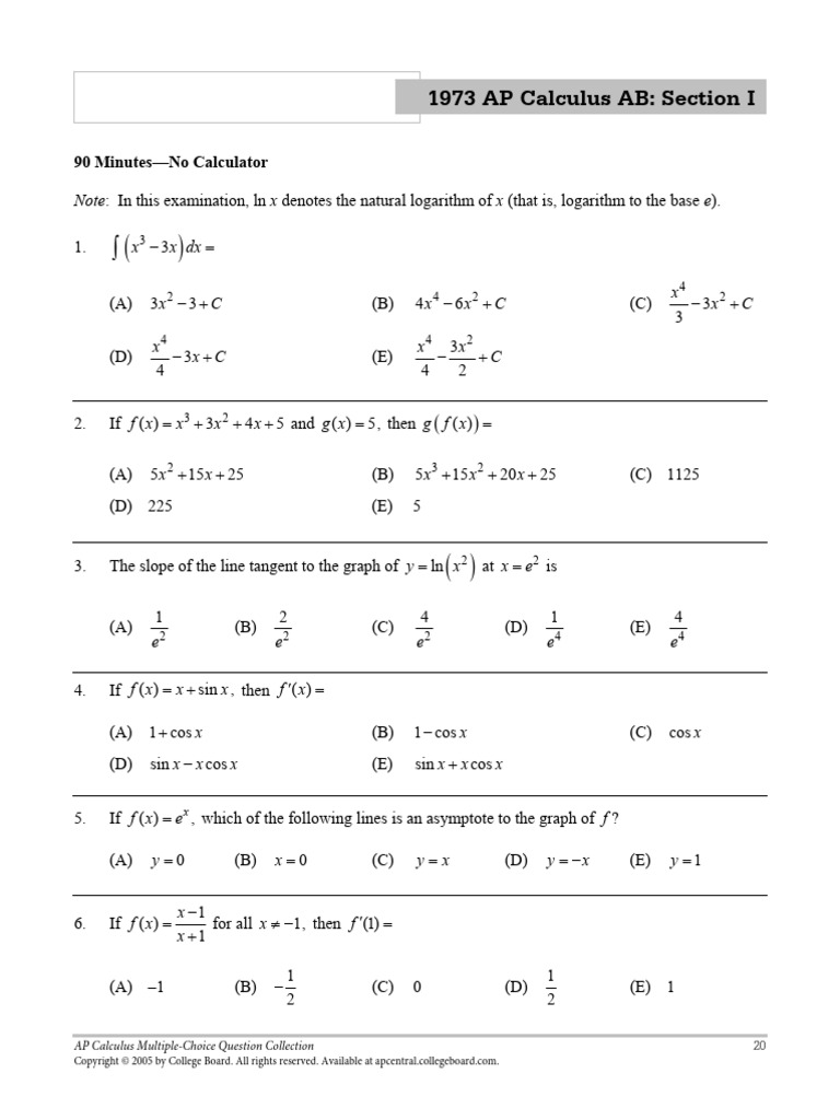 1973 AP Calculus AB MCQ Collection | PDF | Function (Mathematics ...