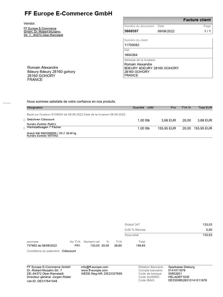 Facture client FF Europe E-Commerce | PDF | Bancaire | Services financiers