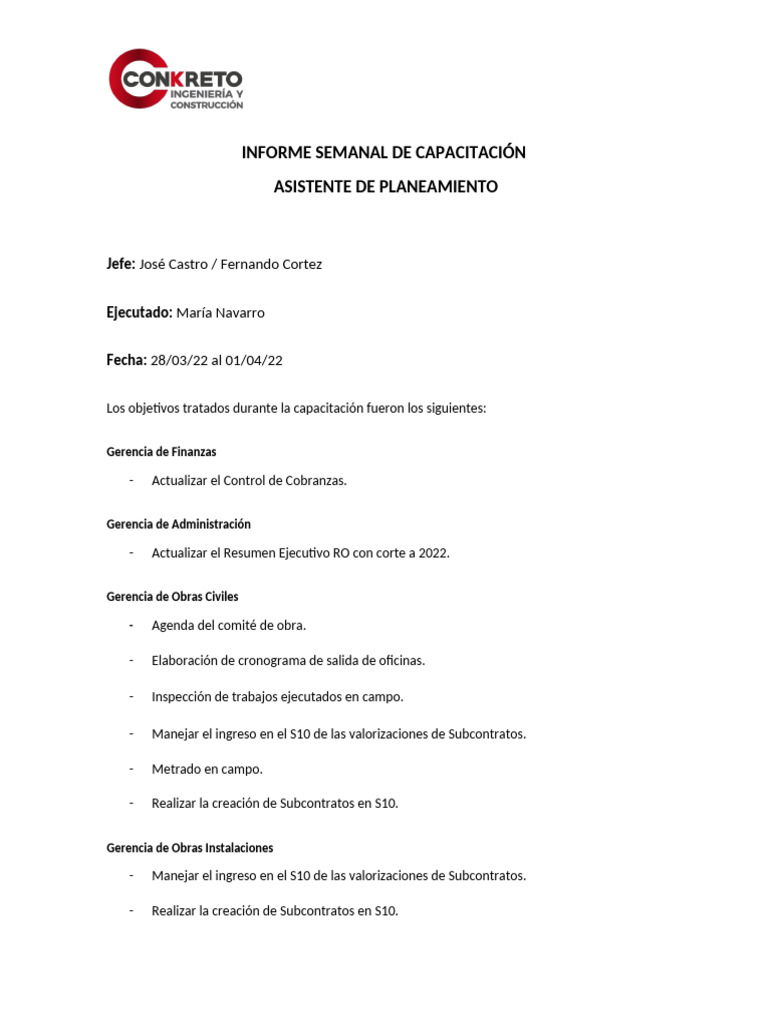 INFORME SEMANAL DE CAPACITACIÓN_0104 - ASIST. PLANEAMIENTO | PDF