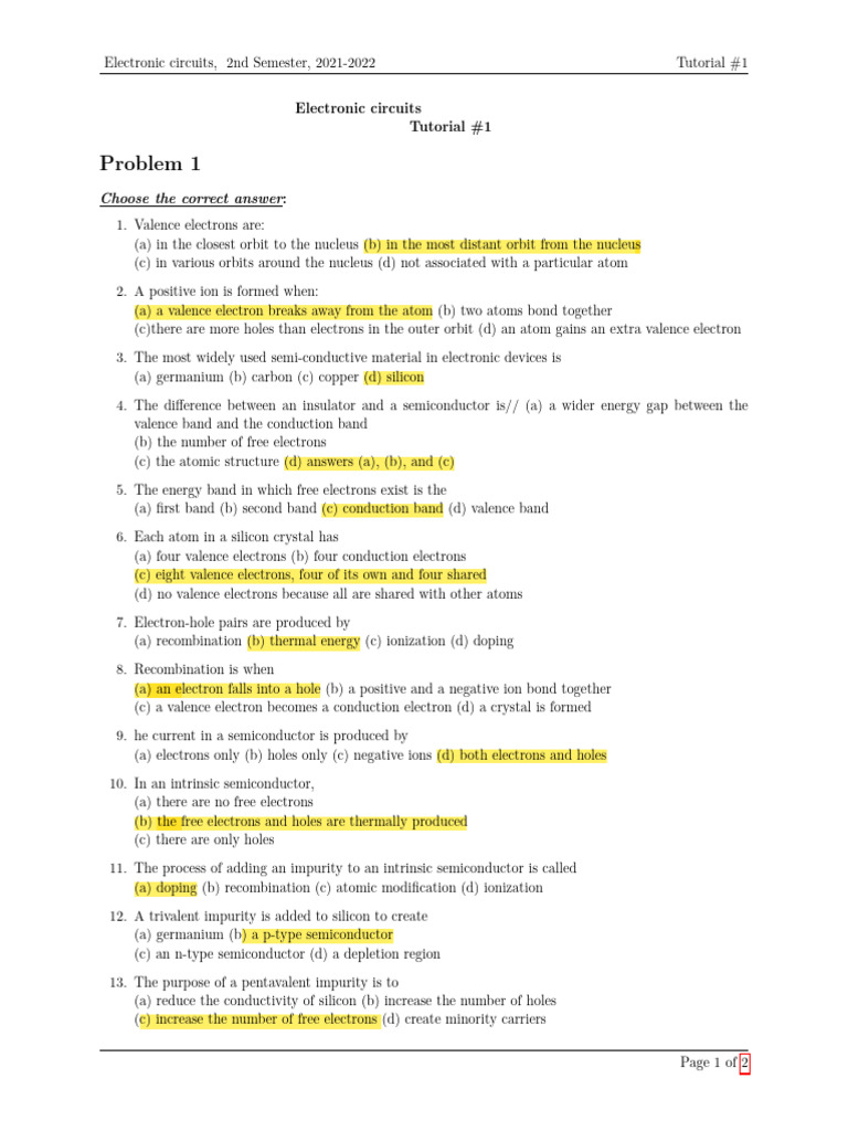 Electronic Circuits Tutorial Questions | PDF | Semiconductors | Diode