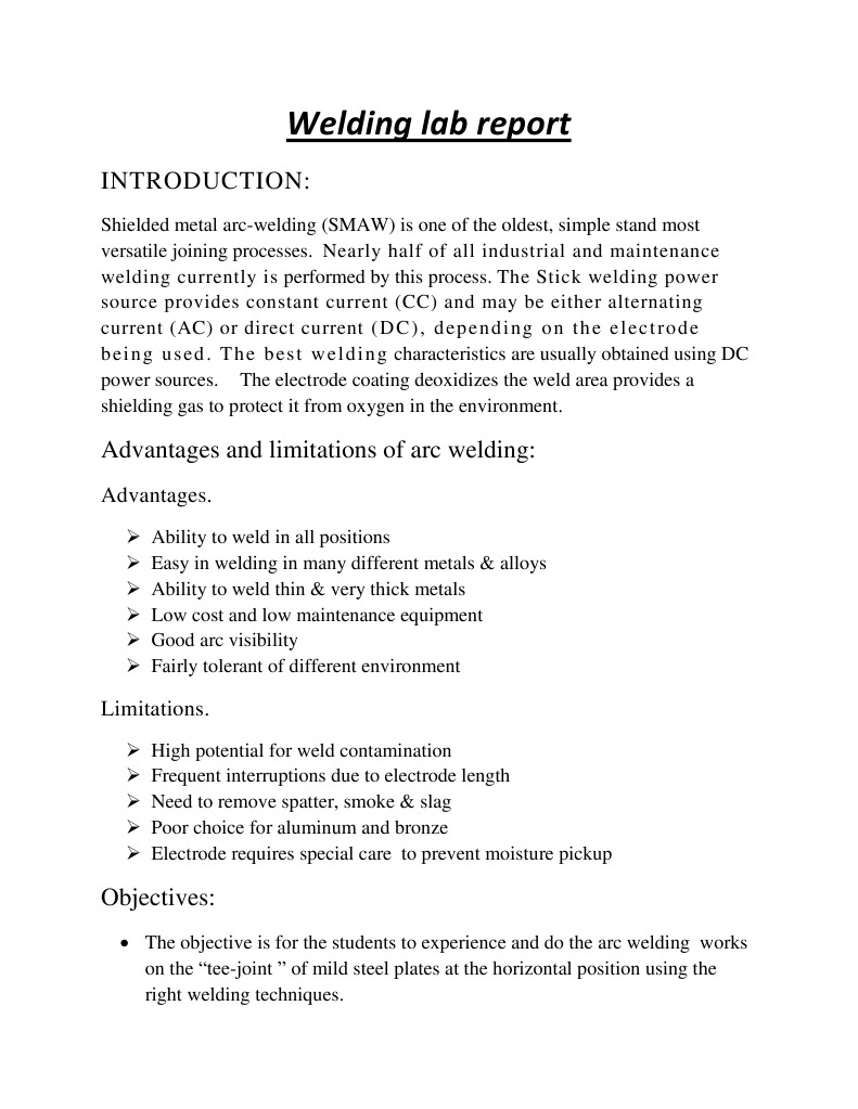 Welding Lab Report. Part 1 Welding Construction