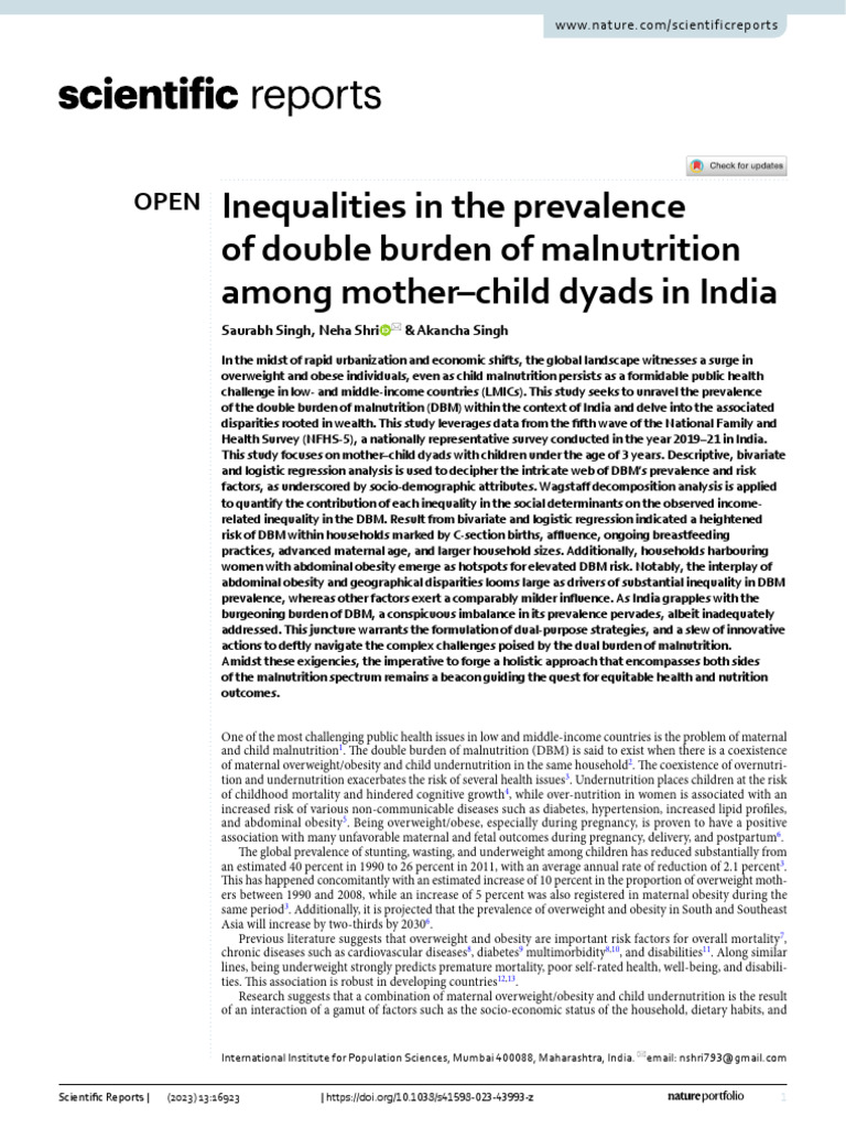 Inequalities in The Prevalence of Double Burden of Malnutrition Among ...