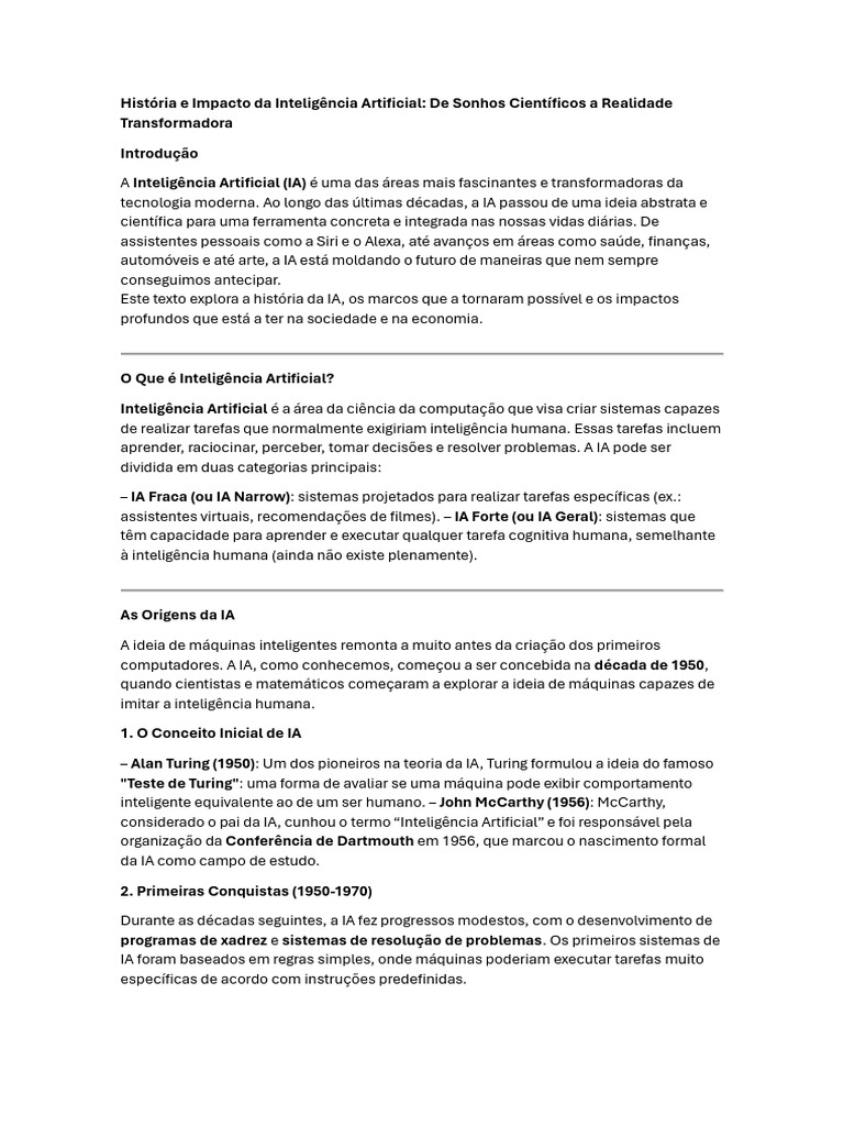 História e Impacto da Inteligência Artificial | PDF | Inteligência ...