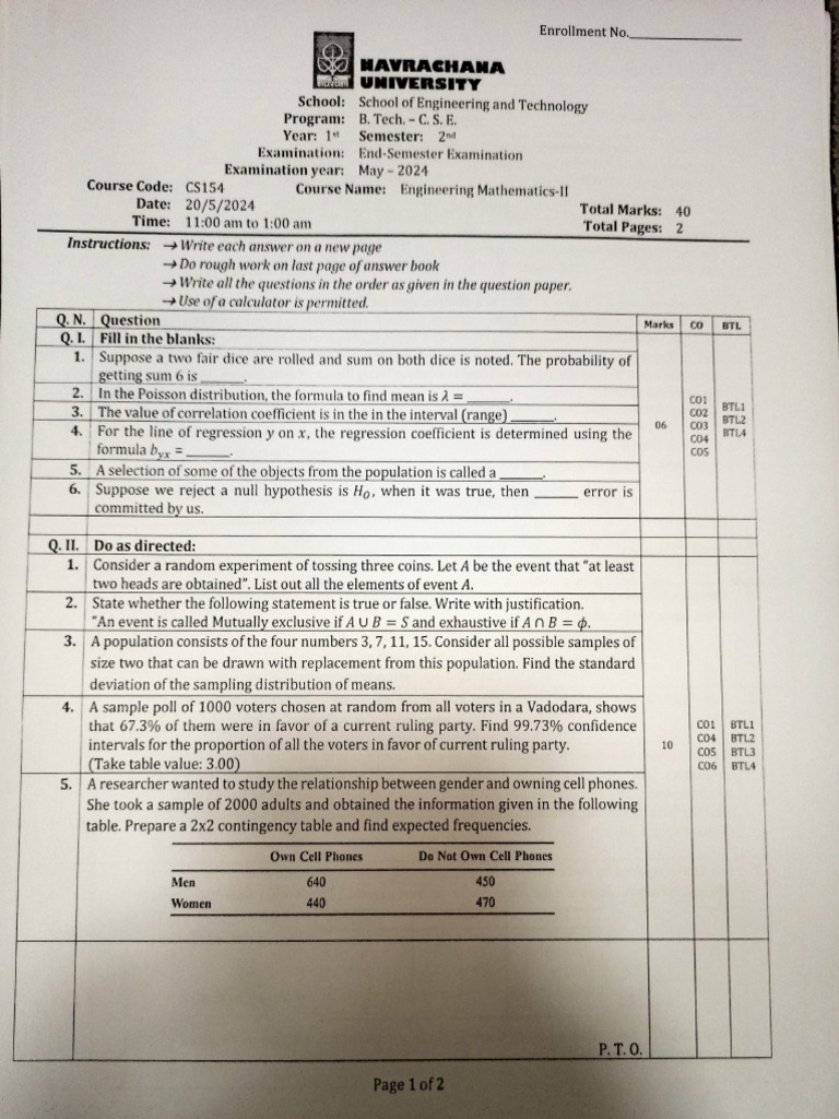 Engineering Mathematics II Exam Paper | PDF | Probability Distribution ...