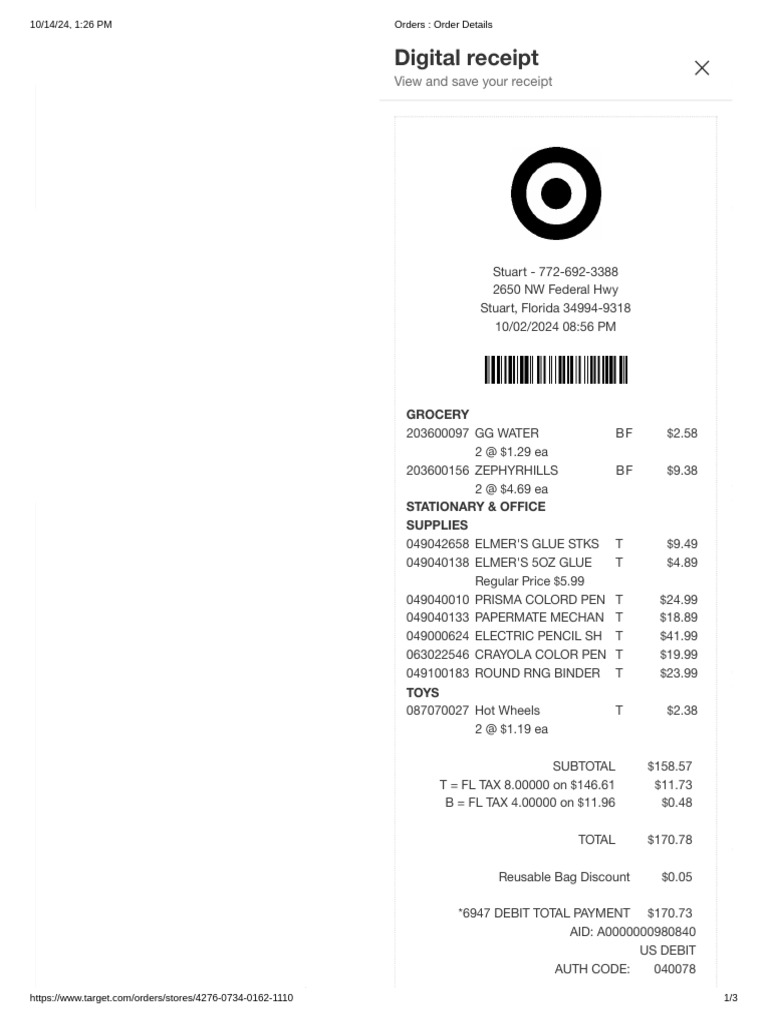 10-02 Schoolsupplies Targetreceipt | PDF | Receipt | Business