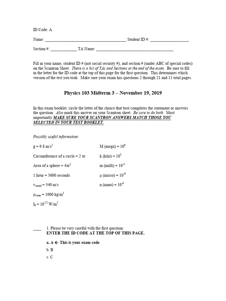 Physics 103 Midterm Exam November 2019 | PDF | Sound | Motion (Physics)
