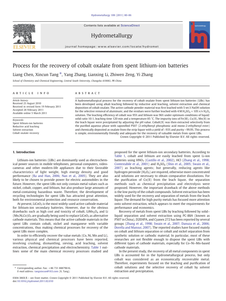 Cobalt Recovery from Spent Lithium-Ion Batteries | PDF | Lithium Ion ...