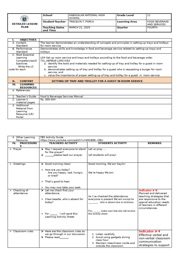 Room Service Tray Setup Lesson Plan | PDF | Learning | Classroom