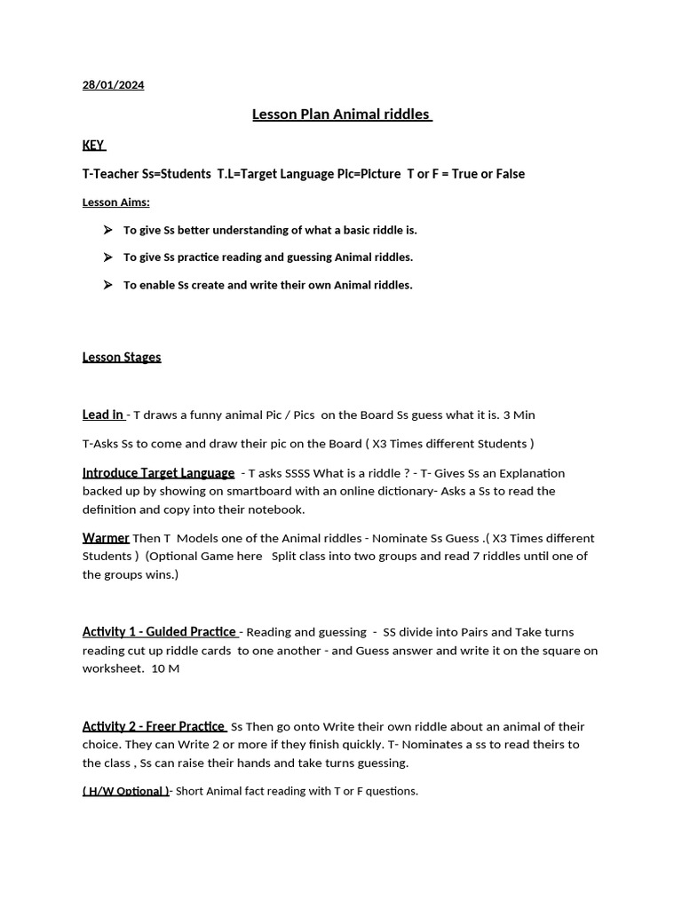 Animal Riddles Primary Lesson Plan | PDF