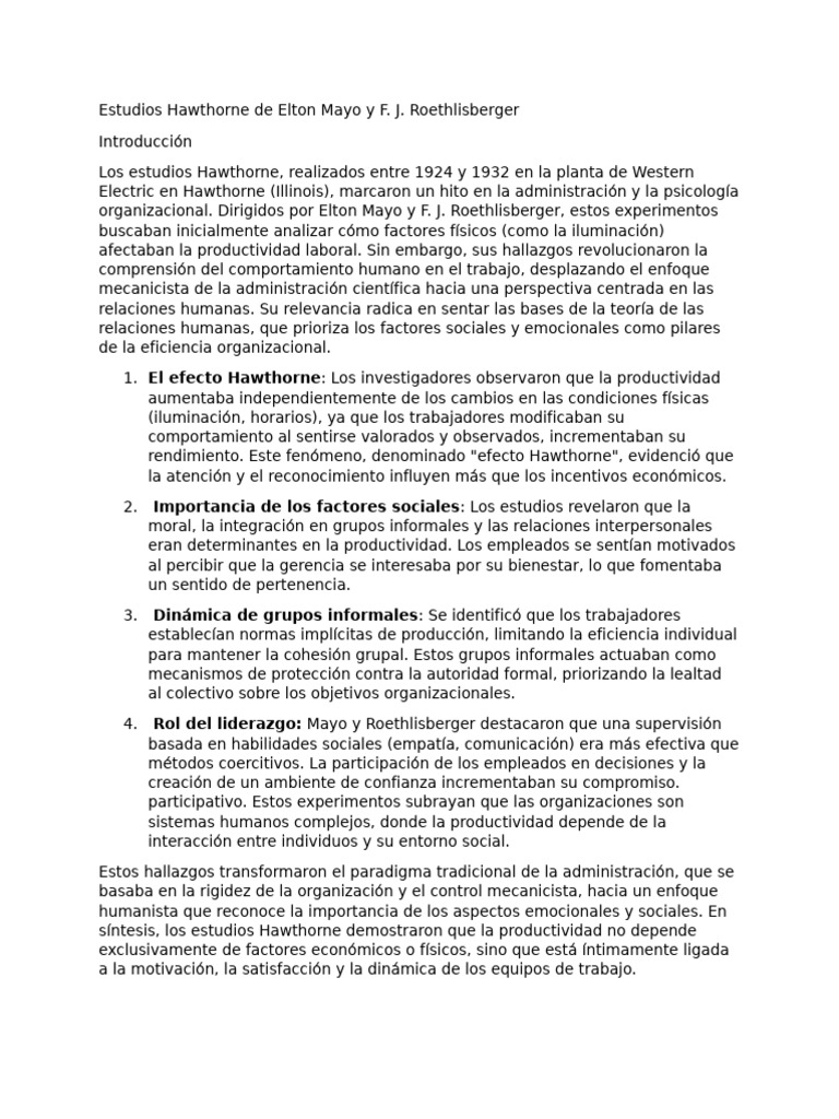 Estudios Hawthorne de Elton Mayo | PDF | Ciencias del comportamiento ...