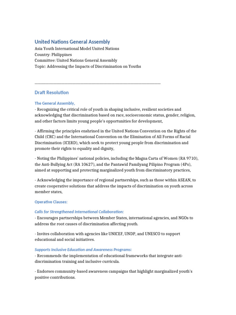 MUN Draft Resolution Template Philippines PDF Discrimination