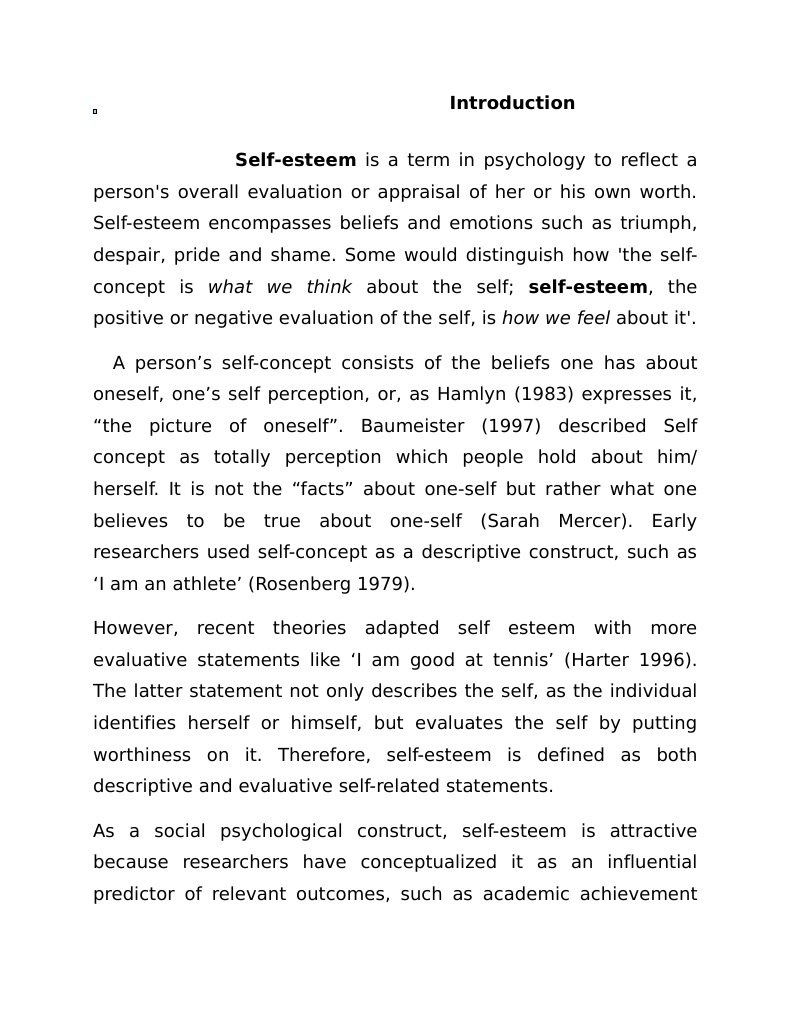 self esteem essay introduction