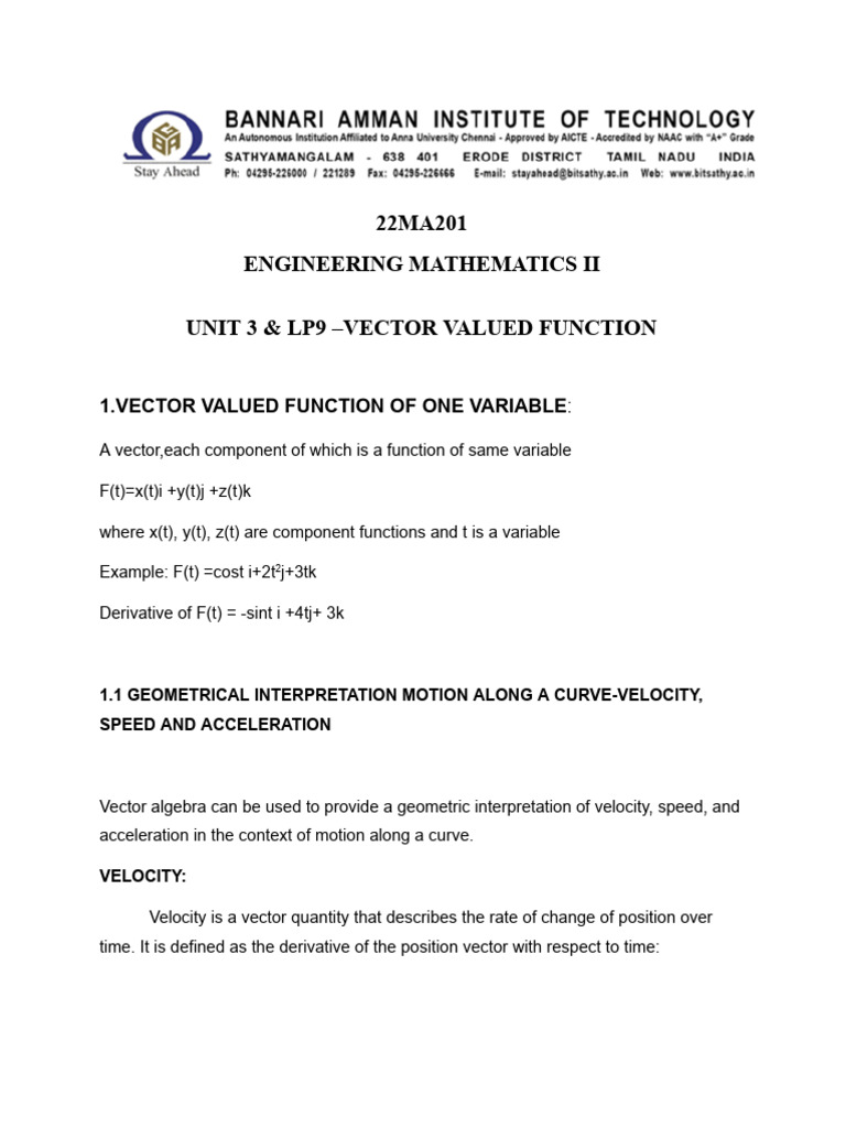 Vector Valued Functions in Motion Analysis | PDF | Acceleration | Velocity