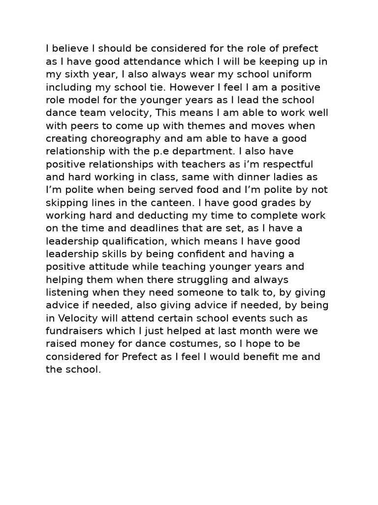 Prefect Application: Leadership & Role Model | PDF