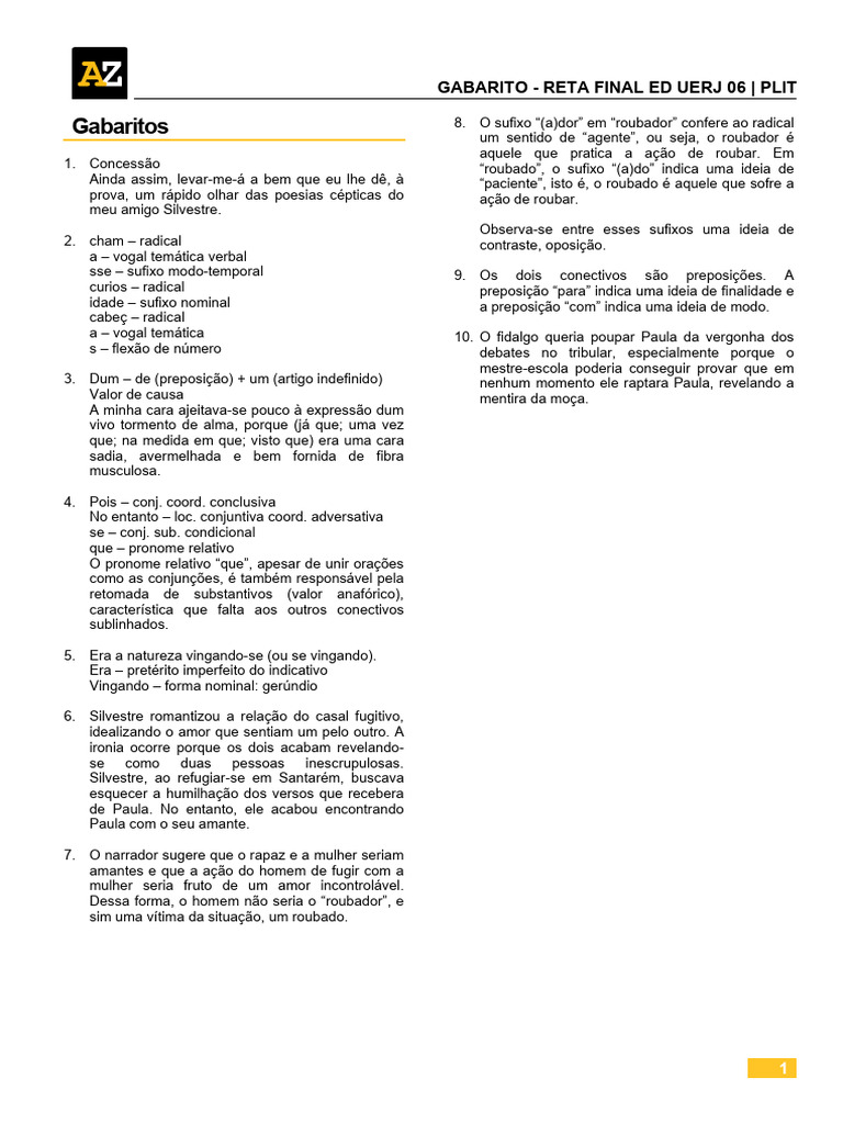 Gabarito - Reta Final ED UERJ 06 - PLIT | PDF | Pronome | Amor