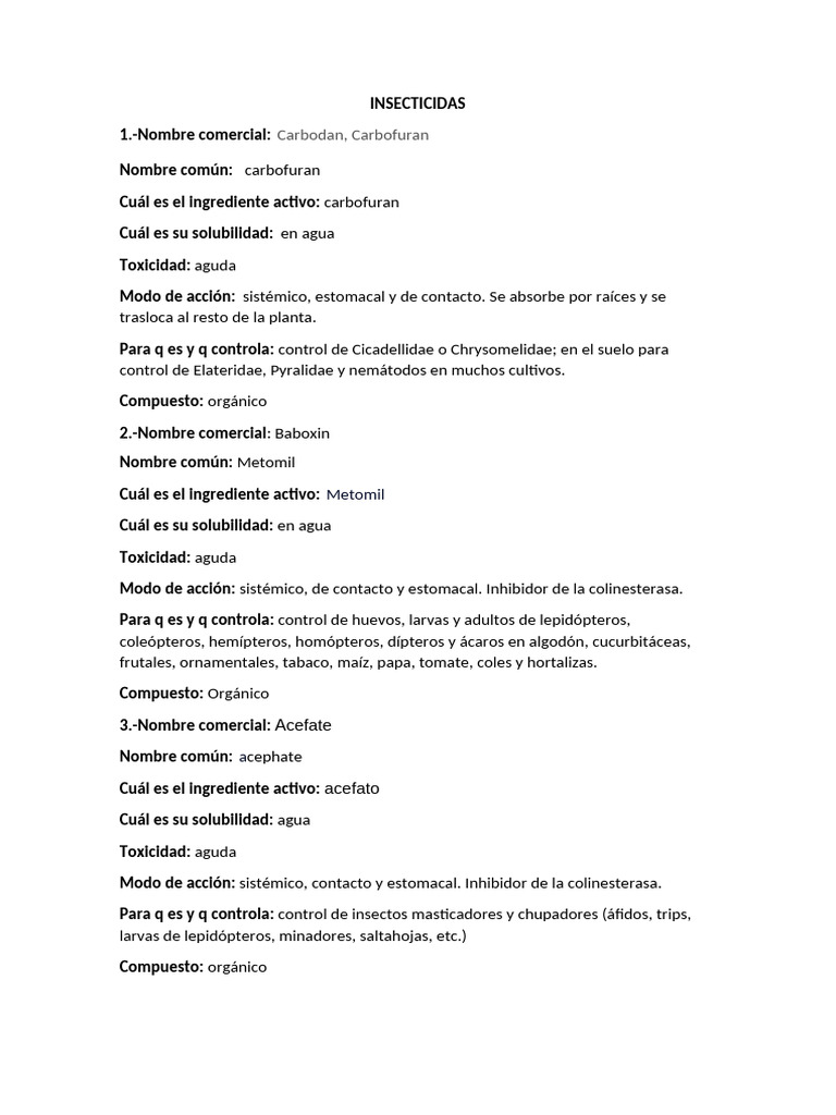 Insecticidas: Carbofuran y Acefato | PDF